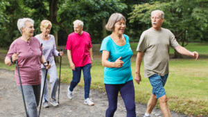 a group of seniors walking outside